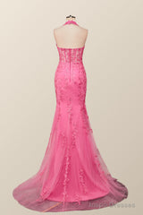 Halter Fuchsia Yellow Lace Mermaid Prom Dress