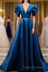 Blue V Neck Satin Short Sleeves Long Evening Prom Dress Blue Satin Evening Prom Dress