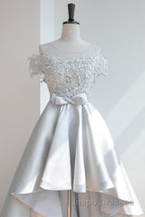 High Low Off Shoulder Gray Lace Evening Prom Dress, Off the Shoulder Gray Homecoming Dress, Gray Lace Formal Evening Dress
