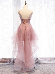 High Low Pink Lace Evening Prom Dress, Pink High Low Formal Graduation Homecoming Dress