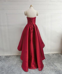 High Low Sweetheart Neck Strapless Backless Satin Red Evening Prom Dress, Red Graduation Dress, Red Backless Formal Evening Dress