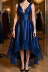 High Low V Neck Blue Satin Evening Prom Dress, Open Back Blue Formal Dress, Blue Evening Dress