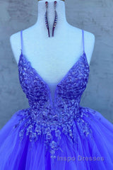 High Low V Neck Purple Lace Long Evening Prom Dress, Lilac Lace Formal Dress, Purple Evening Dress