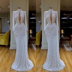High Neck Keyhole Long Sleeve Sequin White Evening Prom Dress