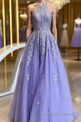 High Neck Long Purple Lace Evening Prom Dress, Purple Lace Formal Evening Dress