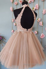 High Neck Open Back Short Champagne Lace Evening Prom Dress, Backless Champagne Lace Formal Graduation Dress, Champagne Lace Homecoming Dress
