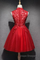 High Neck Red Lace Short Evening Prom Dress, Red Lace Homecoming Dress, Red Formal Graduation Evening Dress