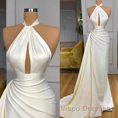 High Neck Satin Ivory Keyhole Ruched Evening Prom Dress