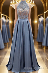 High Neck Two Pieces Blue Lace Long Evening Prom Dress, 2 Pieces Blue Lace Formal Dress, Blue Evening Dress