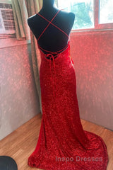 High Slit Blue Sequins Straps Mermaid Evening Prom Gown,Ball Gowns Evening Prom Dress