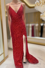 High Slit Blue Sequins Straps Mermaid Evening Prom Gown,Ball Gowns Evening Prom Dress