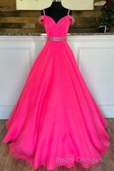 Hot Pink Beaded Cold-Shoulder A-Line Evening Prom Dress