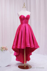 Hot Pink Satin High Low Prom Dress, Cute Sweetheart Neck Evening Party Dress