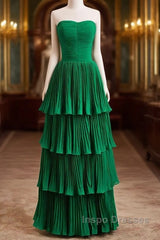 Hunter Green A-Line Chiffon Strapless Layers Long Evening Prom Dress Formal Evening Dress