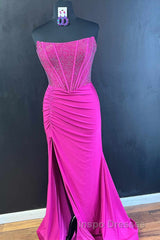 Hunter Green Mermaid Strapless Beaded Pleated Long Evening Prom Dress