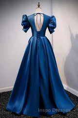 Blue V Neck Satin Short Sleeves Long Evening Prom Dress Blue Satin Evening Prom Dress