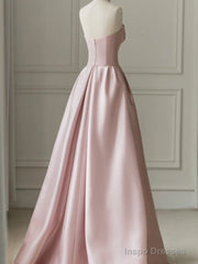 Pink Sleeveless Satin A-Line Floor-Length Prom Dress Slit with Tulle Strapless