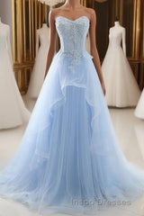 A-Line Sexy Floral Engagement Evening Prom Birthday Dress Strapless Sleeveless Sweep / Brush Train Lace with Pleats Lace Insert
