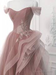 Pink A Line Off Shoulder Long Prom Dress Lace Party Dress