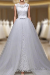 Jewel Sleeveless Lace Long Wedding Gown With Overskirt