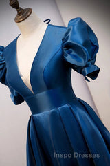 Blue V Neck Satin Short Sleeves Long Evening Prom Dress Blue Satin Evening Prom Dress