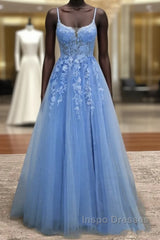 Lace Blue Evening Prom Dress V Neck Long Formal Dress Open Back