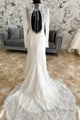 Lace V-Neck Lace-Up Back Long Sleeve Mermaid Wedding Dress