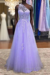 Lavender One Shoulder Appliques Lace Evening Prom Dress