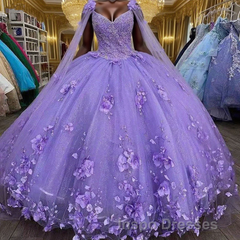3D Flowers Tulle Sweetheart Ball Gown Quinceanera Dress Purple With Cape