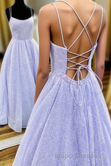 Lavender Spaghetti Strap Sparkly Evening Prom Dress Long, Shiny Long Evening Prom Dress