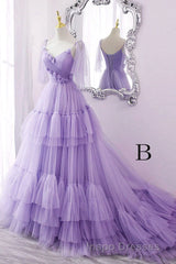 A Line V Neck New Style Tiered Long Tulle Evening Prom Dress, Evening Prom Gown with Flower