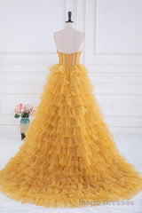 Layers Tulle Yellow Prom Dresses With Ruching Bodice