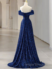 A-Line Evening Prom Gown Elegant Dress Formal Wedding Guest Sweep / Brush Train Sleeveless Off Shoulder Sequined with Glitter Sequin Masquerade Dress