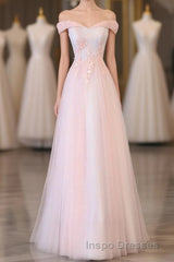 Light Pink Lace Off Shoulder Lonng Evening Prom Dress, Pink Evening Prom Dress