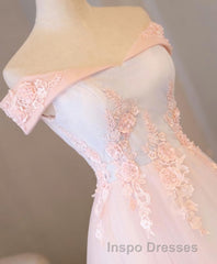Light Pink Lace Off Shoulder Lonng Evening Prom Dress, Pink Evening Prom Dress