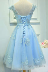 Light Blue Cap Sleeves Tea Length Vintage Style Formal Dress, Blue Homecoming Dress