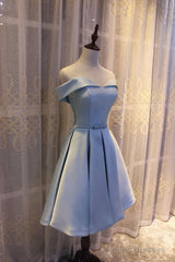 Light Blue Off Shoulder Satin Bridesmaid Dress, Blue Short Formal Dress