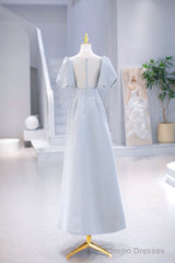 Light Blue Satin Long Prom Dress with Pearls, A-Line Short Sleeve Party Dress
