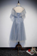 Light Blue Shiny Tulle High Neckline Homecoming Dress Party Dress