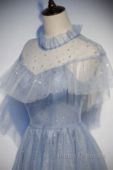 Light Blue Shiny Tulle High Neckline Homecoming Dress Party Dress, Blue Short Evening Prom Dress