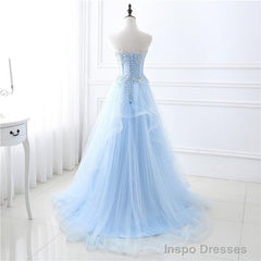 Light Blue Sweetheart Evening dress, Long Tulle Prom Dress