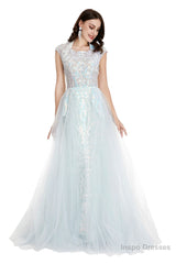 Light Blue Tulle Sequins Appliques Cap Sleeve Prom Dresses