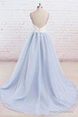 Light Blue Tulle Simple Spaghetti Straps Sweep Train Backless Prom Dress