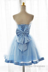 Light Blue Tulle Sweetheart With Bow Cute Party Dress, Blue Short Homecoming Dress