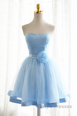 Light Blue Tulle Sweetheart With Bow Cute Party Dress, Blue Short Homecoming Dress Evening Prom Dress
