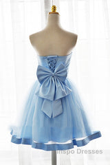 Light Blue Tulle Sweetheart With Bow Cute Party Dress, Blue Short Homecoming Dress Evening Prom Dress