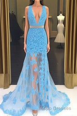 Light Blue V Neck Mermaid Lace Applique Long Evening Prom Dress, Lace Blue Formal Dress, Evening Dress