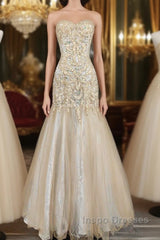 Light Champagne Mermaid Sweetheart Neck Beaded Tulle Long Ball Dress Vintage Evening Dress