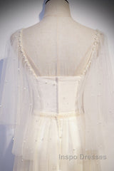 Light Champagne Short Sleeves Long Wedding Party Dress, Cute Evening Prom Dress