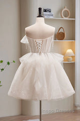 Light Champagne Short Tulle Evening Prom Dress, Short Light Champagne Formal Graduation Dress